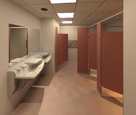 Revit Toilet Room with Bradley Advocate AV-SerieTouchless Handwashing System, Mirrors and Toilet Partitions