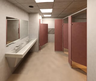 Bradley Toilet Room Rendered in Revit  | Bradley Verge LVQ w/WashBar, Toilet Partitions, Baby Changing Table and Mirror