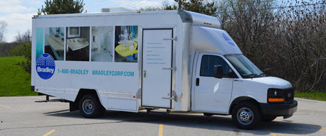 4th Generation BradVan Mobile Showrooms have a variety of Bradley commercial plumbing & Washroom products installed within the showroom